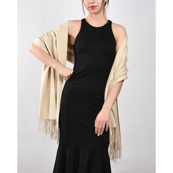 Women's Khaki Pashmina Shawl Wraps Cashmere Feel Winter Scarf Soft Warm Blanket - Picture 4 of 6